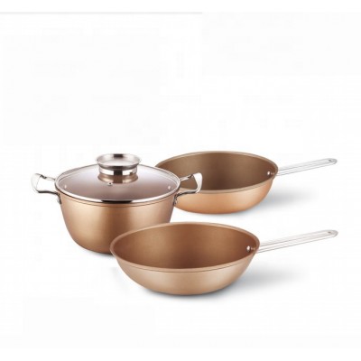 4 Pcs China manufacturer high quality carbon steel cooking sets with glass lid golden color non-stick cookware sets