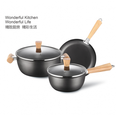 5 pcs nonstick  carbon steel  casserole and fry pan set with wooden handle